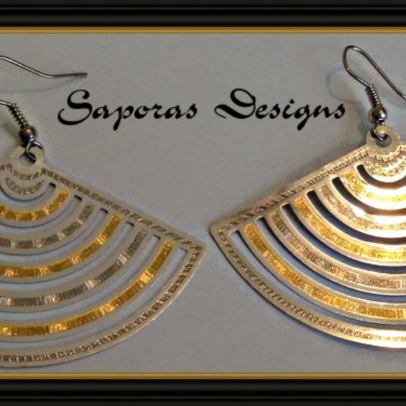 Gold & Silver Tone Dangle Fan Design Earrings - Picture 3 of 3